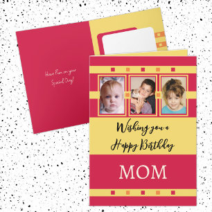 Happy Birthday Mam voeg 3 foto's toe rood geel Kaart