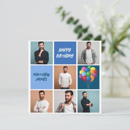 Happy Birthday Mannen fotocollage gepersonaliseerd Kaart (Staand voorkant)