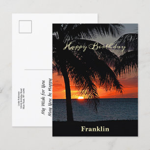 Happy Birthday Mannen Sunset Ocean Tropical Trees Briefkaart