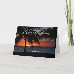 Happy Birthday Mannen Sunset Ocean Tropical Trees Kaart
