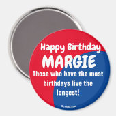 Happy Birthday MARGIE grote rode/blauwe magneet (Voorkant / Achterkant)