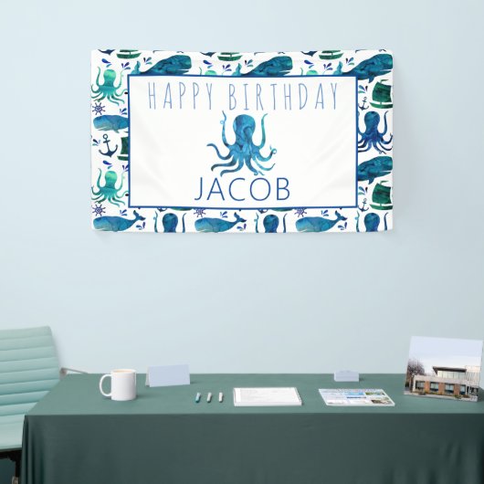 Happy Birthday Marine Nautical Octopus Ocean Kinde Spandoek (Beurs)