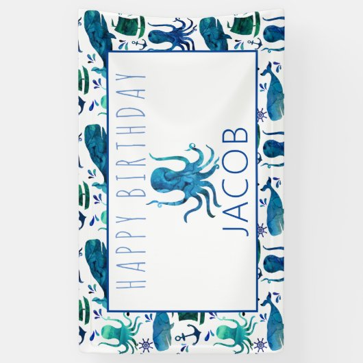 Happy Birthday Marine Nautical Octopus Ocean Kinde Spandoek (Verticaal)