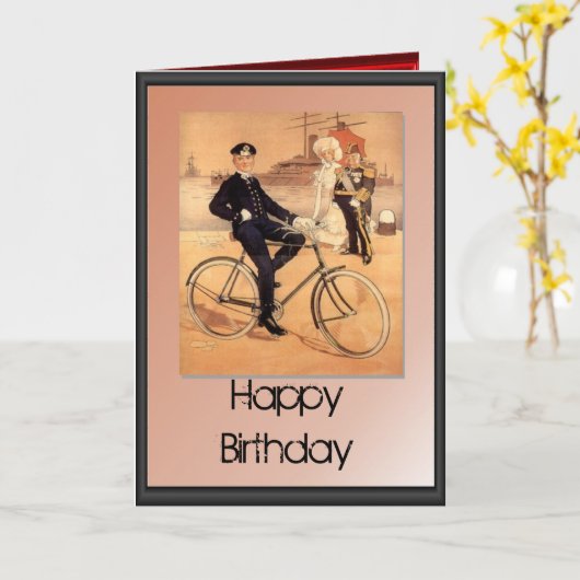 Happy Birthday - Marineofficier op de fiets Kaart (Gele Bloem)