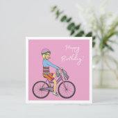 Happy Birthday - Meisje op een roze fiets Kaart (Staand voorkant)