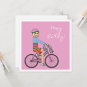 Happy Birthday - Meisje op een roze fiets Kaart (Voorkant / Achterkant in situ)