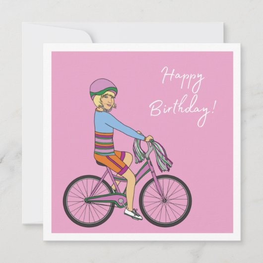 Happy Birthday - Meisje op een roze fiets Kaart (Voorkant)