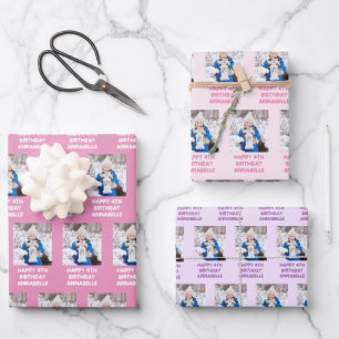 Happy Birthday meisjesnaam en foto roze en Lila Inpakpapier Vel