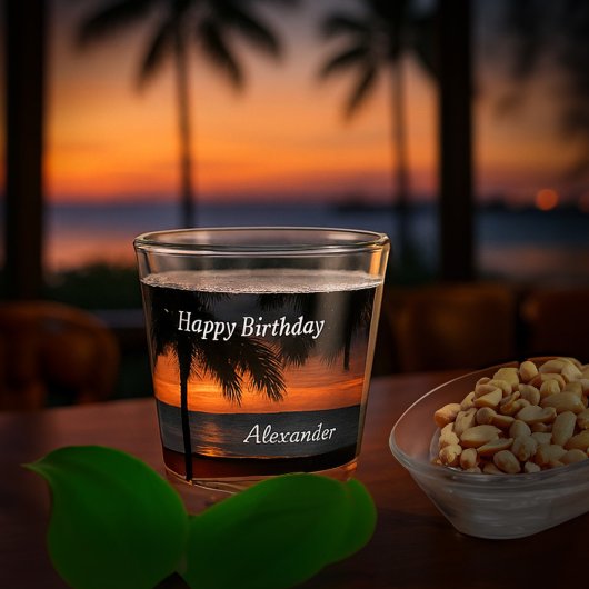 Happy Birthday Men Sunset Tropical Trees Custom Shot Glas