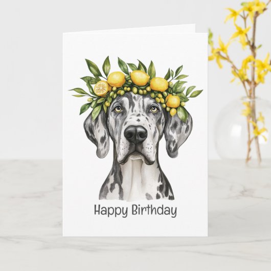 Happy Birthday Merle Great Dane Dog Lemon Crown Kaart (Gele Bloem)
