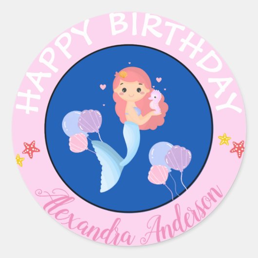 Happy Birthday Mermaid Name Baby Roze Ronde Sticker (Voorkant)