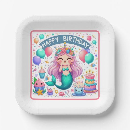 Happy Birthday Mermaid Papieren Bordje (Voorkant)