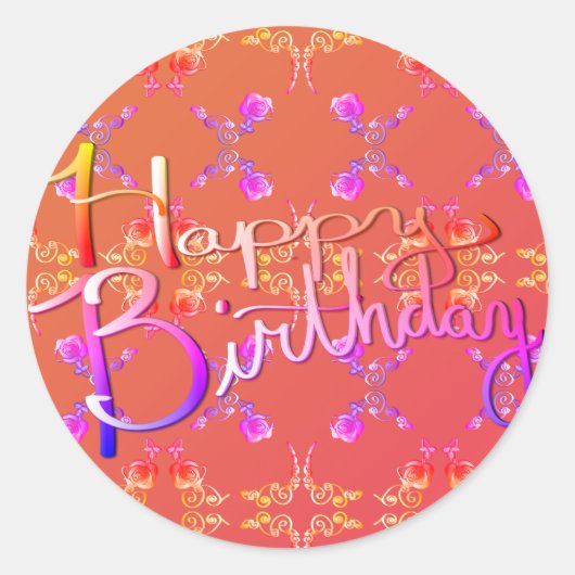 "Happy Birthday!"Met de hand geschreven Roos Heart Ronde Sticker (Voorkant)