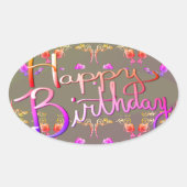 "Happy Birthday!" Met de hand geschreven Roos maak Ovale Sticker (Voorkant)