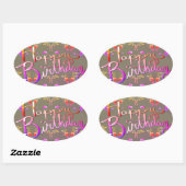 "Happy Birthday!" Met de hand geschreven Roos maak Ovale Sticker (Vel)