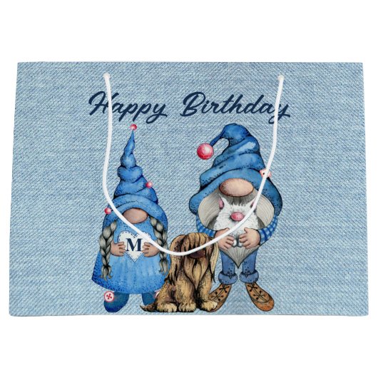 Happy Birthday met Denim Gnomes Groot Cadeauzakje (Voorkant)