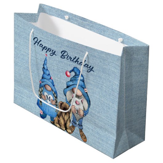 Happy Birthday met Denim Gnomes Groot Cadeauzakje (Voorkant Gekanteld)