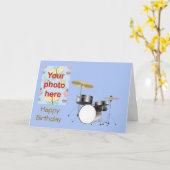 Happy Birthday met drumstel voeg je foto toe Kaart (Gele Bloem)