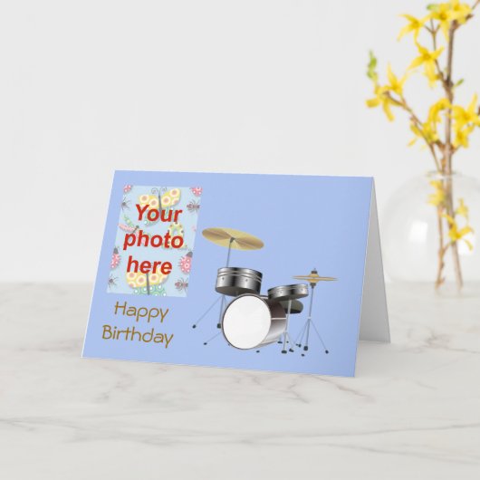 Happy Birthday met drumstel voeg je foto toe Kaart (Gele Bloem)