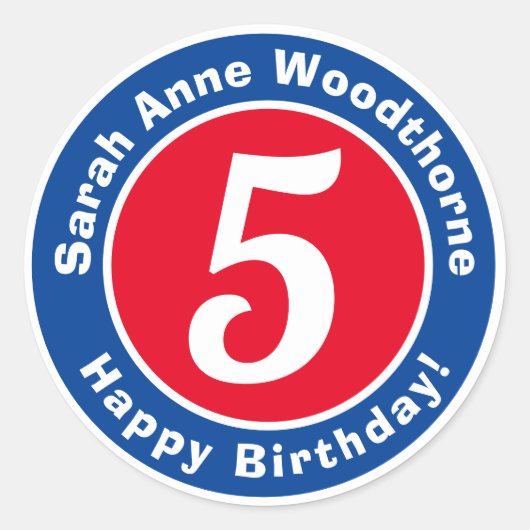 Happy Birthday met naam en leeftijd 5 Ronde Sticker (Voorkant)