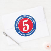 Happy Birthday met naam en leeftijd 5 Ronde Sticker (Envelop)