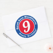 Happy Birthday met naam en leeftijd 9 Ronde Sticker (Envelop)