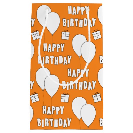 Happy Birthday met Oranje achtergrond van ballonne Klein Cadeauzakje (Voorkant)