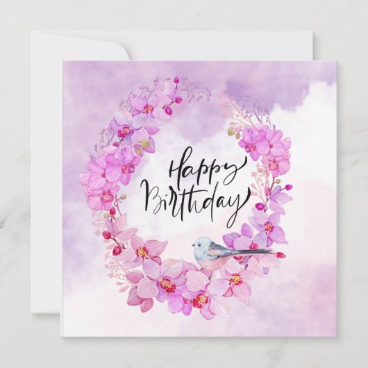 Happy Birthday met paarse orchidee waterverf (Voorkant)