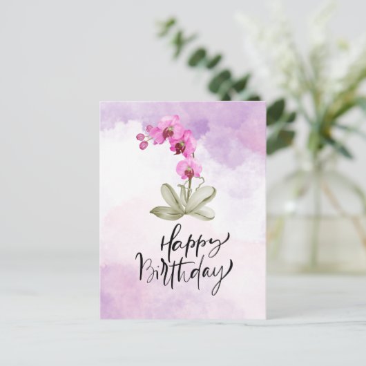 Happy Birthday met paarse orchidee waterverf Briefkaart (Staand voorkant)