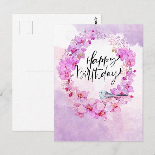 Happy Birthday met paarse orchidee waterverf Postc Briefkaart (Voorkant / Achterkant)