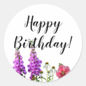 Happy Birthday met paarse zomerbloemen Ronde Sticker (Voorkant)