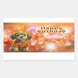 Happy Birthday met puppy en Fireworks Rechthoekige Sticker