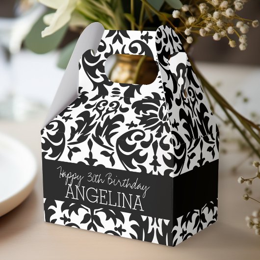 Happy Birthday met Trendy Black en White Damask Bedankdoosjes