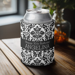 Happy Birthday met Trendy Black en White Damask Blikjeskoeler