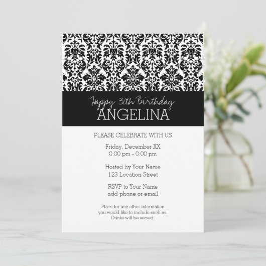 Happy Birthday met Trendy Black en White Damask Kaart (Staand voorkant)