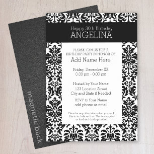 Happy Birthday met Trendy Black en White Damask Magnetische Uitnodiging