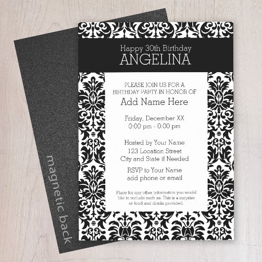 Happy Birthday met Trendy Black en White Damask Magnetische Uitnodiging