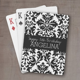 Happy Birthday met Trendy Black en White Damask Pokerkaarten