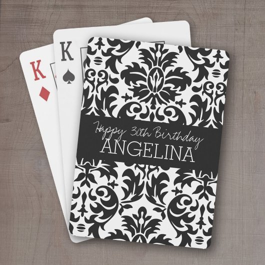 Happy Birthday met Trendy Black en White Damask Pokerkaarten
