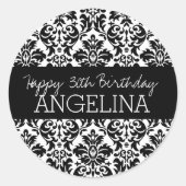 Happy Birthday met Trendy Black en White Damask Ronde Sticker (Voorkant)