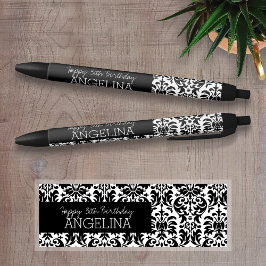 Happy Birthday met Trendy Black en White Damask Zwarte Inkt Pen