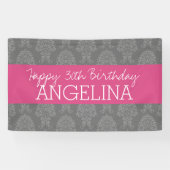 Happy Birthday met Trendy Grey en Pink Damask Spandoek (Horizontaal)