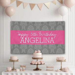 Happy Birthday met Trendy Grey en Pink Damask Spandoek