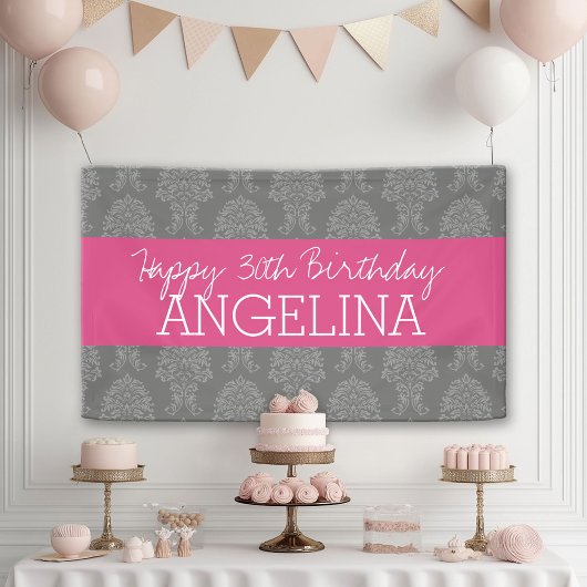 Happy Birthday met Trendy Grey en Pink Damask Spandoek