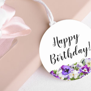 Happy Birthday met violetpansiebloemen wit Ronde Sticker