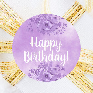 Happy Birthday met violette waterkleurige bloemen Ronde Sticker