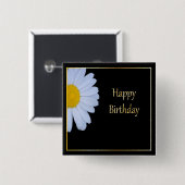 Happy Birthday met White Flower en Black Bkgrd Vierkante Button 5,1 Cm (Voorkant /achterkant)