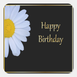 Happy Birthday met White Flower en Black Bkgrd Vierkante Sticker