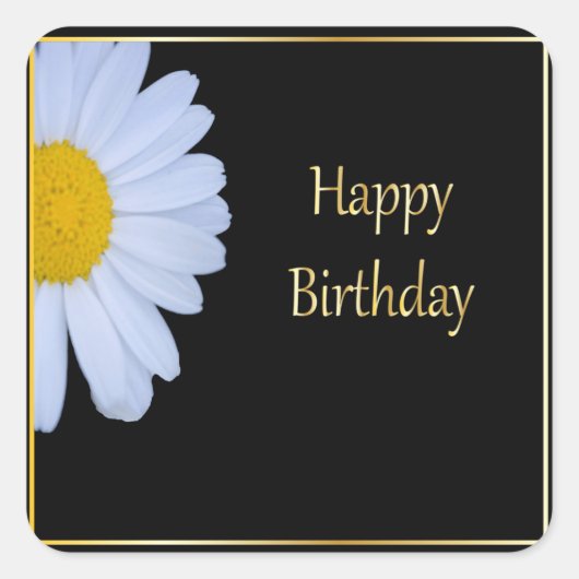 Happy Birthday met White Flower en Black Bkgrd Vierkante Sticker (Voorkant)