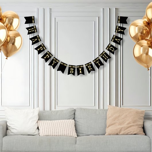 Happy Birthday Metallic Gold op zwart Vlaggetjes